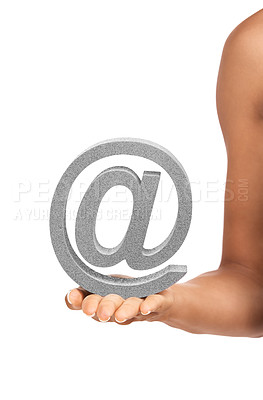 Buy stock photo Closeup, @ sign and person with hand, symbol and promotion isolated on white studio background. Model, mockup space and gesture for icon and email address with letter and font with support or contact