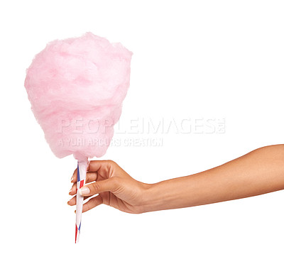 Buy stock photo Cropped image of a woman holding some delicious candy floss while isolated on white