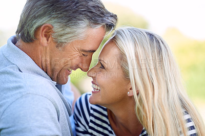 Buy stock photo Cropped shot of an affectionate mature couple in the park
