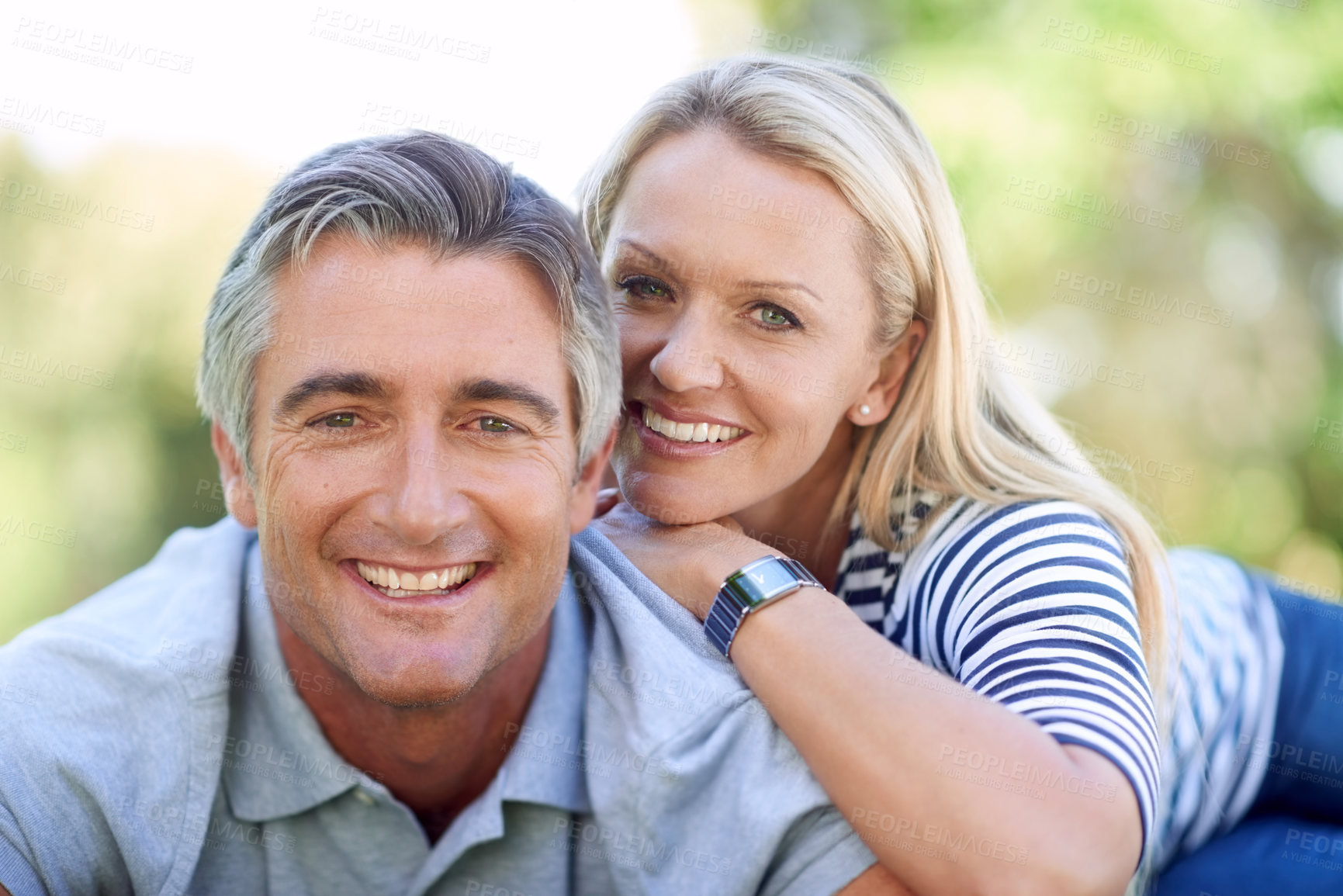 Buy stock photo Mature couple, trust and outdoor portrait of love, relationship and relax in garden for bonding. People, park date and affection for husband in nature, support and countryside marriage for romance