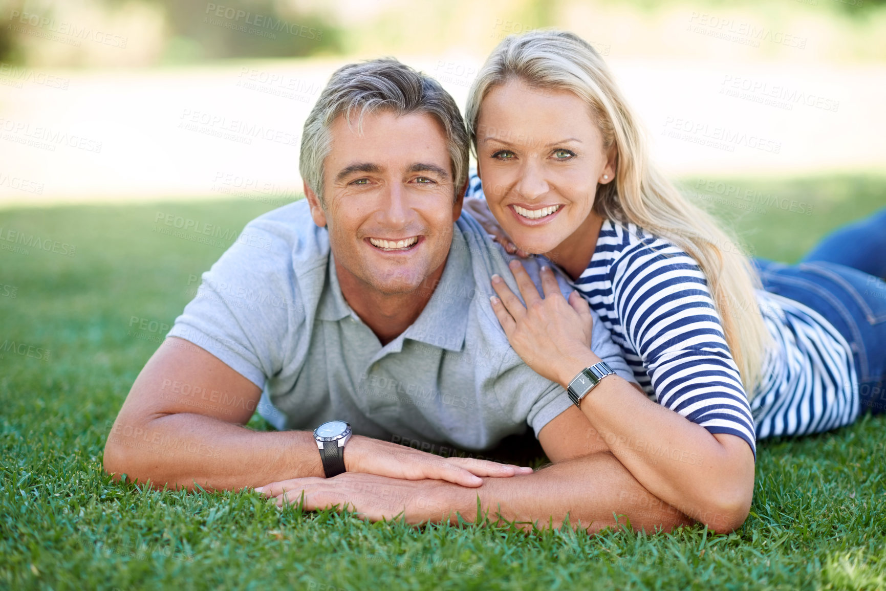 Buy stock photo Couple, hug and outdoor portrait of support, relationship and relax in garden for bonding. Mature people, park date and affection for husband in nature, embrace and countryside marriage for romance