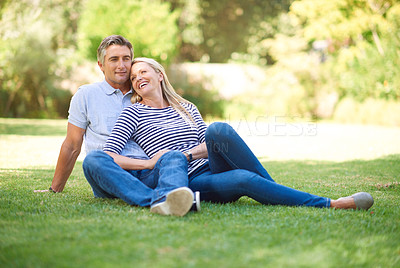 Buy stock photo Full length portrait of an affectionate mature couple in the park