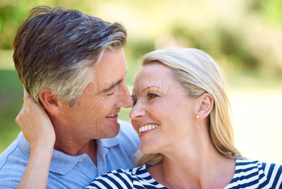 Buy stock photo Cropped shot of an affectionate mature couple standing face to face in the park