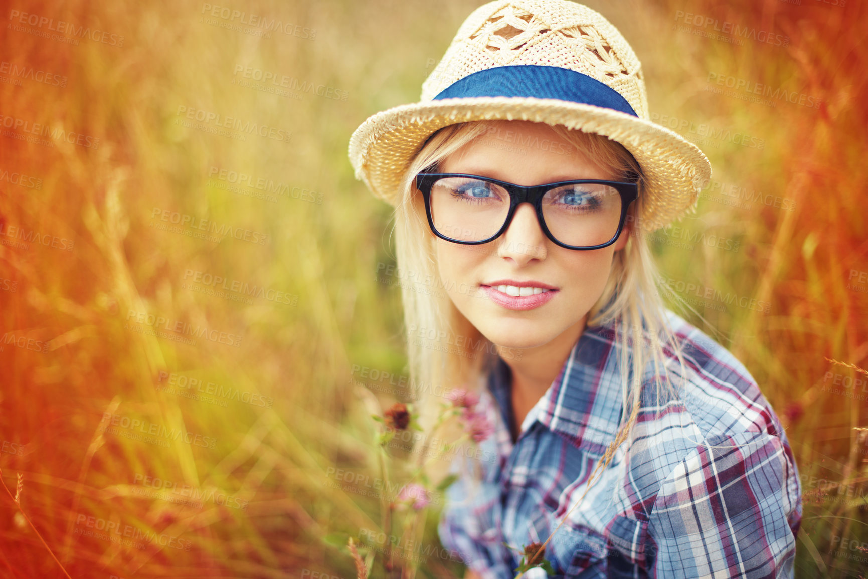 Buy stock photo Lens flare, countryside and portrait of woman in field for freedom, wellness and fresh air outdoors. Nature, summer and face of hipster female person in meadow for relaxing, calm and peace in morning
