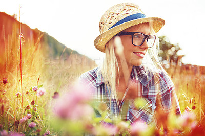 Buy stock photo Thinking, countryside and woman with lens flare in field for freedom, wellness and fresh air outdoors. Nature, hipster and female person in natural meadow for relaxing, calm and peace in morning