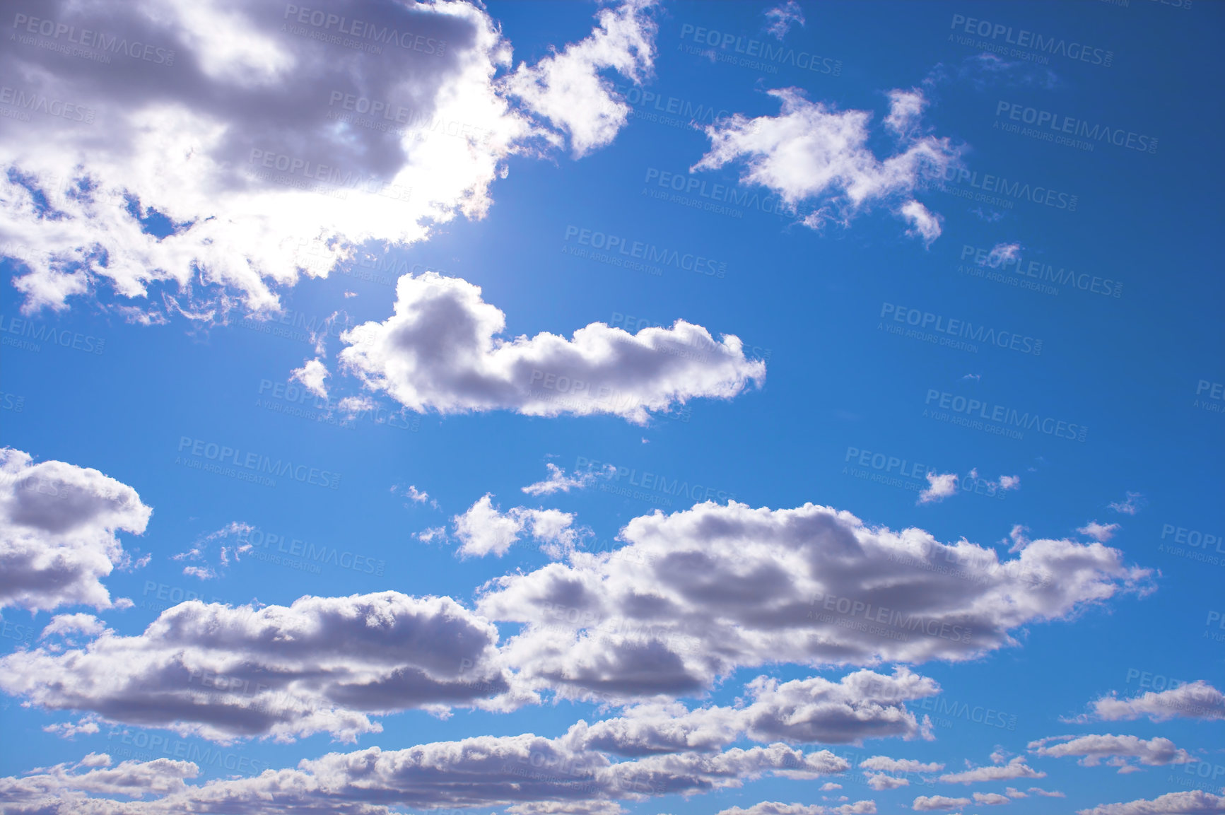 Buy stock photo Peace, clouds and blue sky with sun for sunrise, travel and summer, vacation and adventure. Heaven, cloudy and morning with fresh air, hope and journey, nature or holiday location beauty with freedom