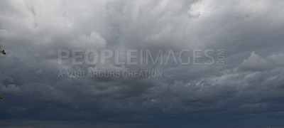 Buy stock photo Sky, storm and nature with dark clouds with texture, climate and global warming results on horizon. Heaven, cold fog and heavy winter weather with thunderstorm, greenhouse effect and natural skyline