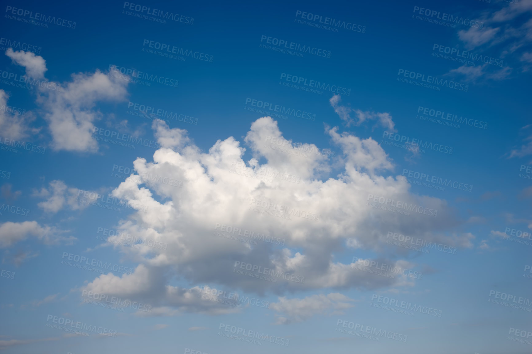 Buy stock photo Nature, air and calm blue sky with clouds, texture and warm climate with meteorology on horizon. Heaven, dream and summer weather with environment, greenhouse effect and natural skyline in morning