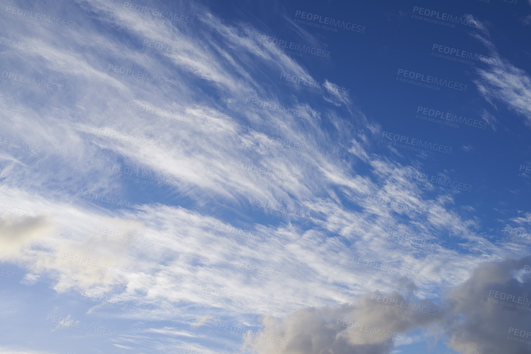 Buy stock photo Nature, blue sky and streak of clouds as background for natural beauty, atmosphere and weather. Wallpaper, sunshine and scenic view in air for environment, heaven and cloudscape in morning outdoors