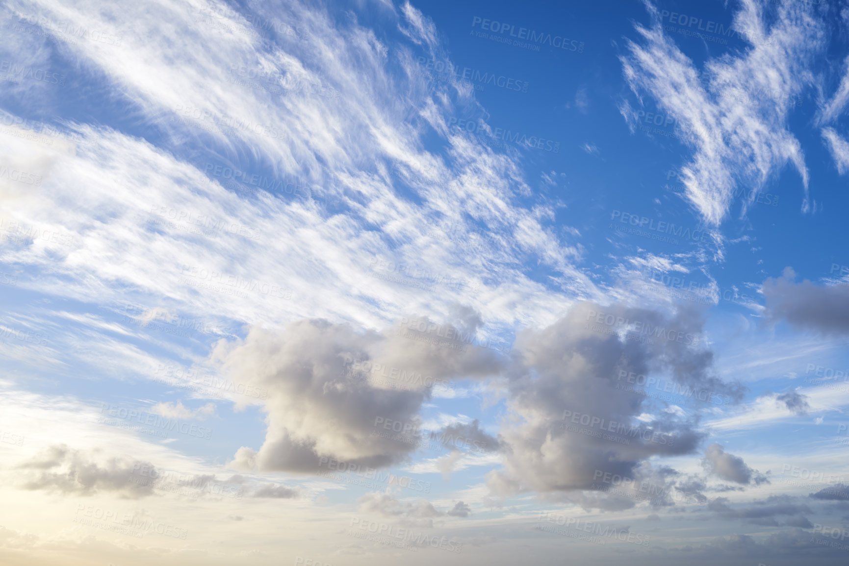 Buy stock photo Morning, blue sky and clouds with sunlight as background for natural beauty, atmosphere and weather. Wallpaper, sunshine and scenic view in air for environment, heaven and cloudscape in nature