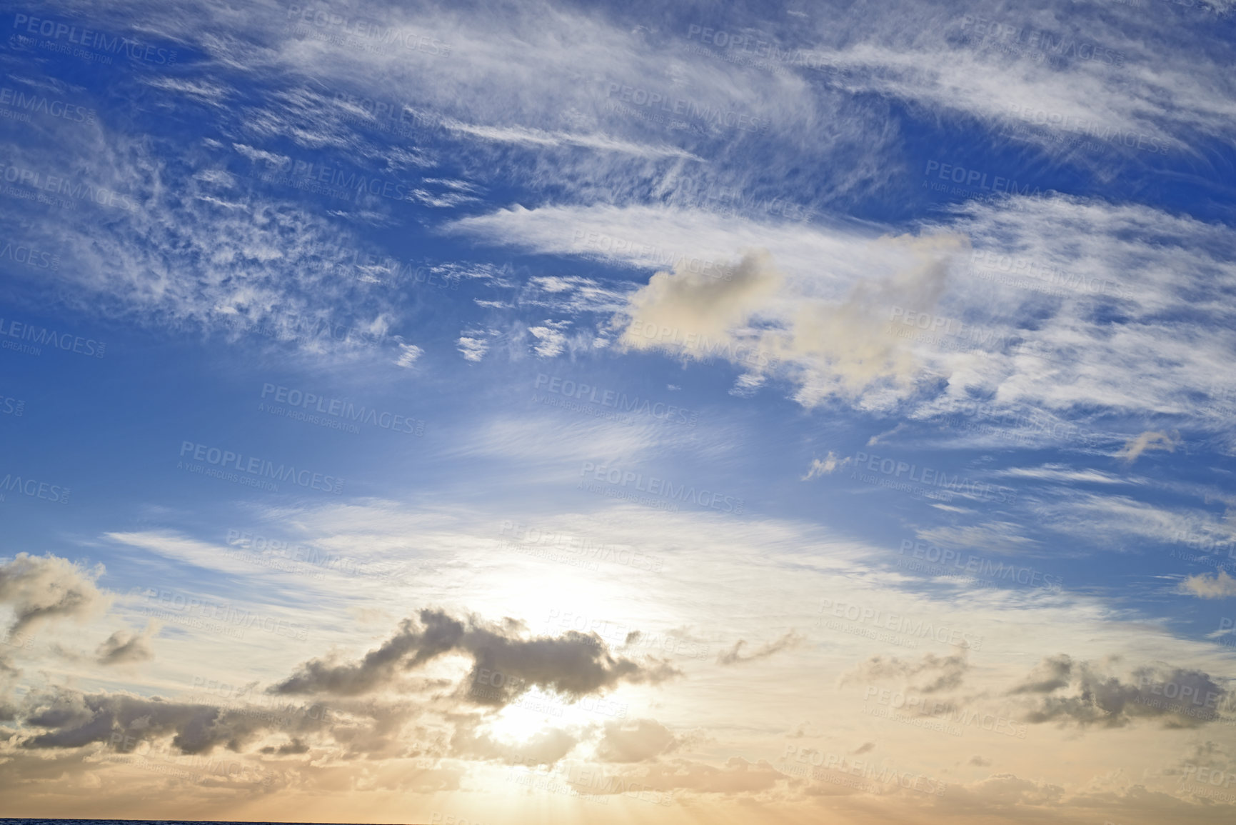 Buy stock photo Nature, blue sky and clouds with sunrise as background for natural beauty, atmosphere and weather. Wallpaper, sunshine and scenic view in air for environment, heaven and cloudscape in morning