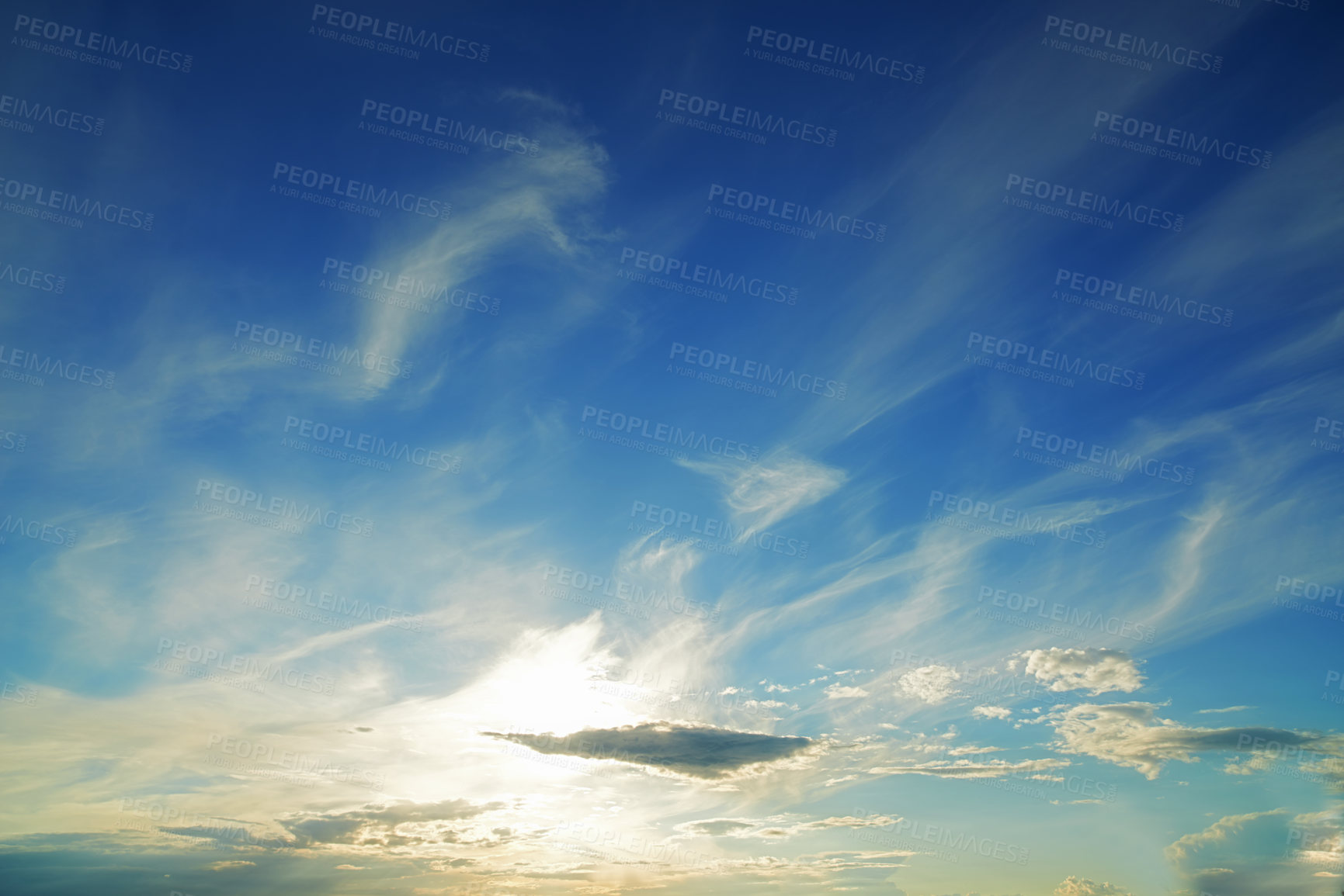 Buy stock photo Blue sky, clouds and sunlight in nature with background for wallpaper, banner or natural environment in summer. Mockup, skyline or morning scenery with cloudscape and heaven in Indonesia with climate