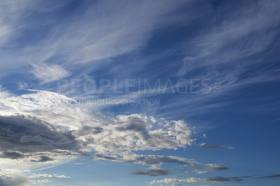 Buy stock photo Nature, blue sky and cloud in outdoor with weather for humidity, climate change or environment. Empty, heaven and air with skyline for landscape, clean ozone or condensation with natural atmosphere