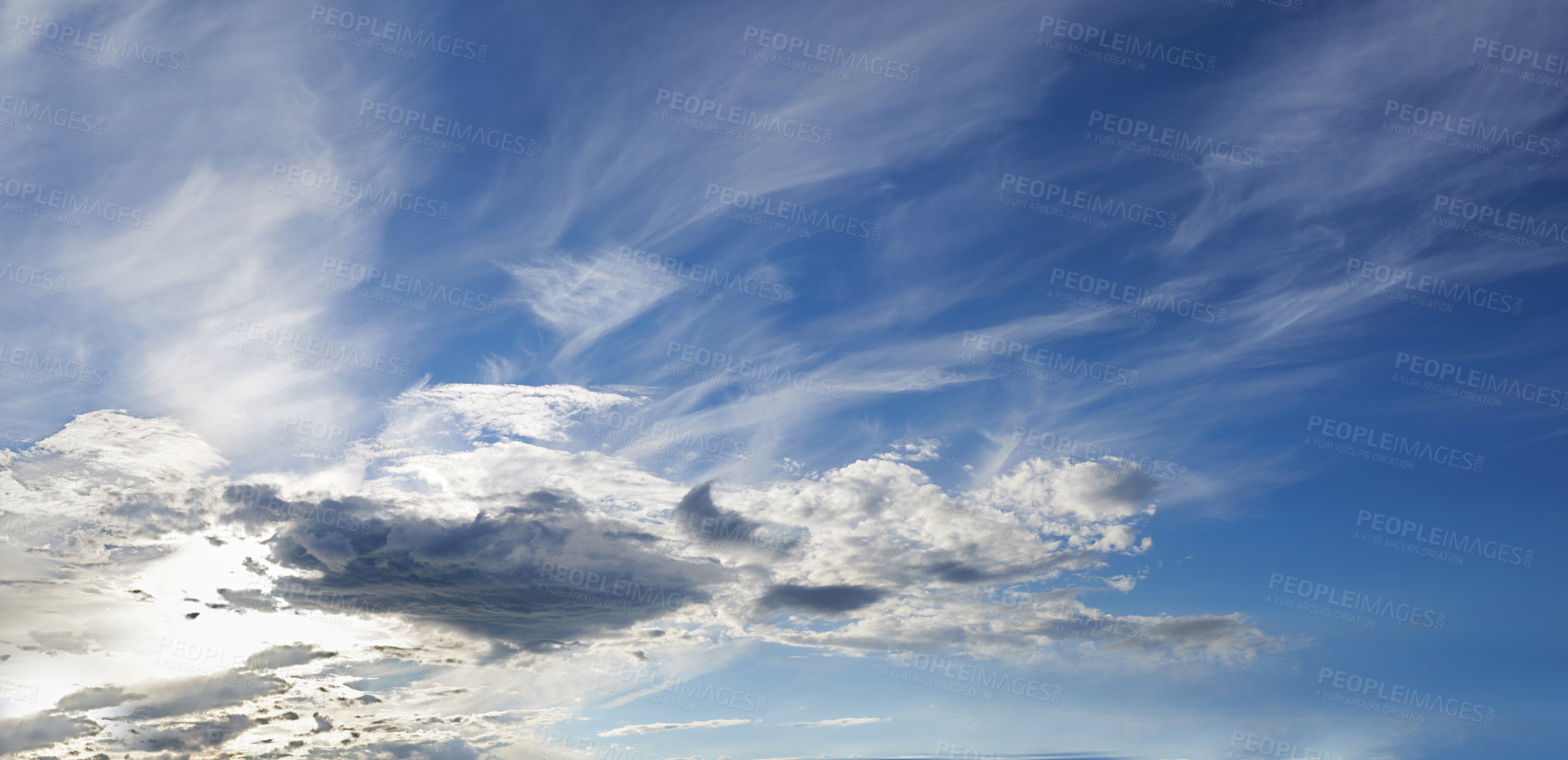 Buy stock photo Nature, blue sky and clouds in outdoor with air for humidity, climate change or environment. Empty, heaven and weather with skyline for landscape, clean ozone or condensation with natural atmosphere