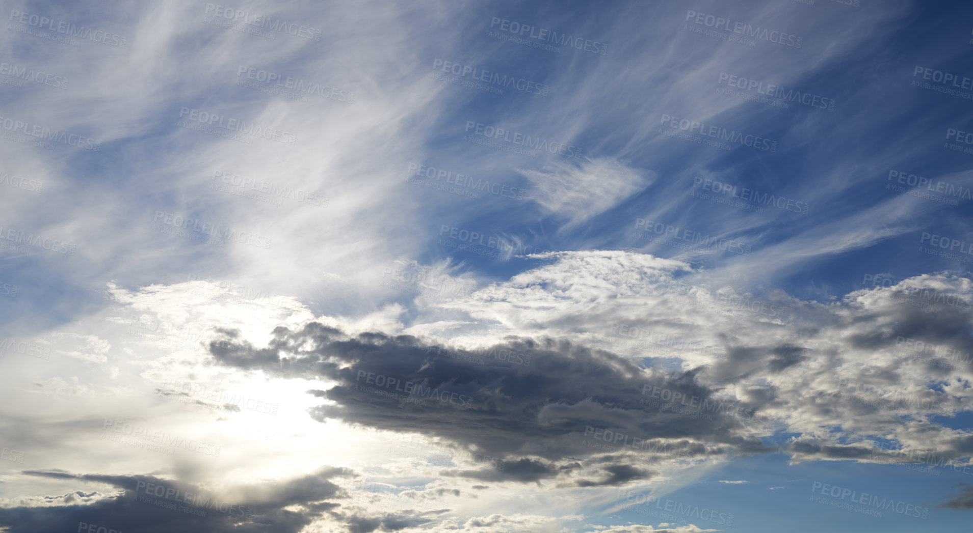 Buy stock photo Blue sky, clouds and sunrise in nature with background for wallpaper, banner and natural environment in summer. Ripple, skyline and morning scenery with sunlight, cloudscape and heaven with climate