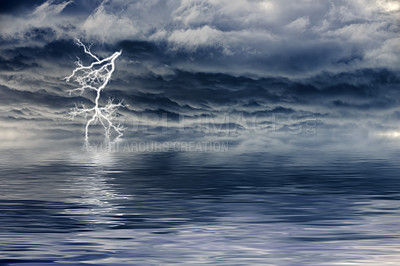 Buy stock photo Nature, ocean and clouds in sky with lightning for bad weather, climate change or overcast landscape. Empty, dark and sea with thunderstorm for electric discharge, rain or winter conditions at night