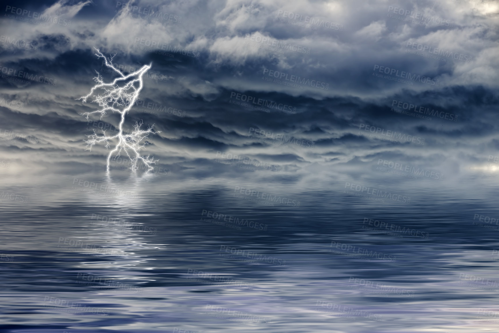 Buy stock photo Nature, ocean and clouds in sky with lightning for bad weather, climate change or overcast landscape. Empty, dark and sea with thunderstorm for electric discharge, rain or winter conditions at night