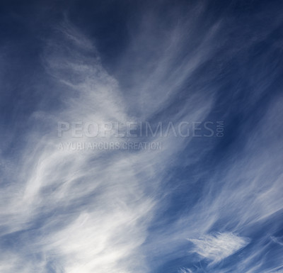 Buy stock photo Blue sky, nature and clouds in summer air and outdoor space for wallpaper or banner. Sunshine, cirrostratus and skyline in natural environment with light cloudscape and morning scenery of heaven