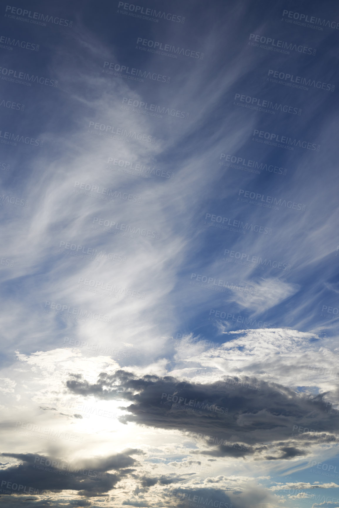 Buy stock photo Blue sky, clouds and mockup in nature with background for wallpaper, banner and natural environment in summer. Ripple, skyline and morning scenery with sunrise, cloudscape and heaven with climate