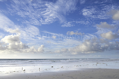 Buy stock photo Nature, blue sky and clouds by sea for background for natural beauty, atmosphere and weather. Wallpaper, sunshine and ocean water with scenic view for environment, heaven and cloudscape in morning