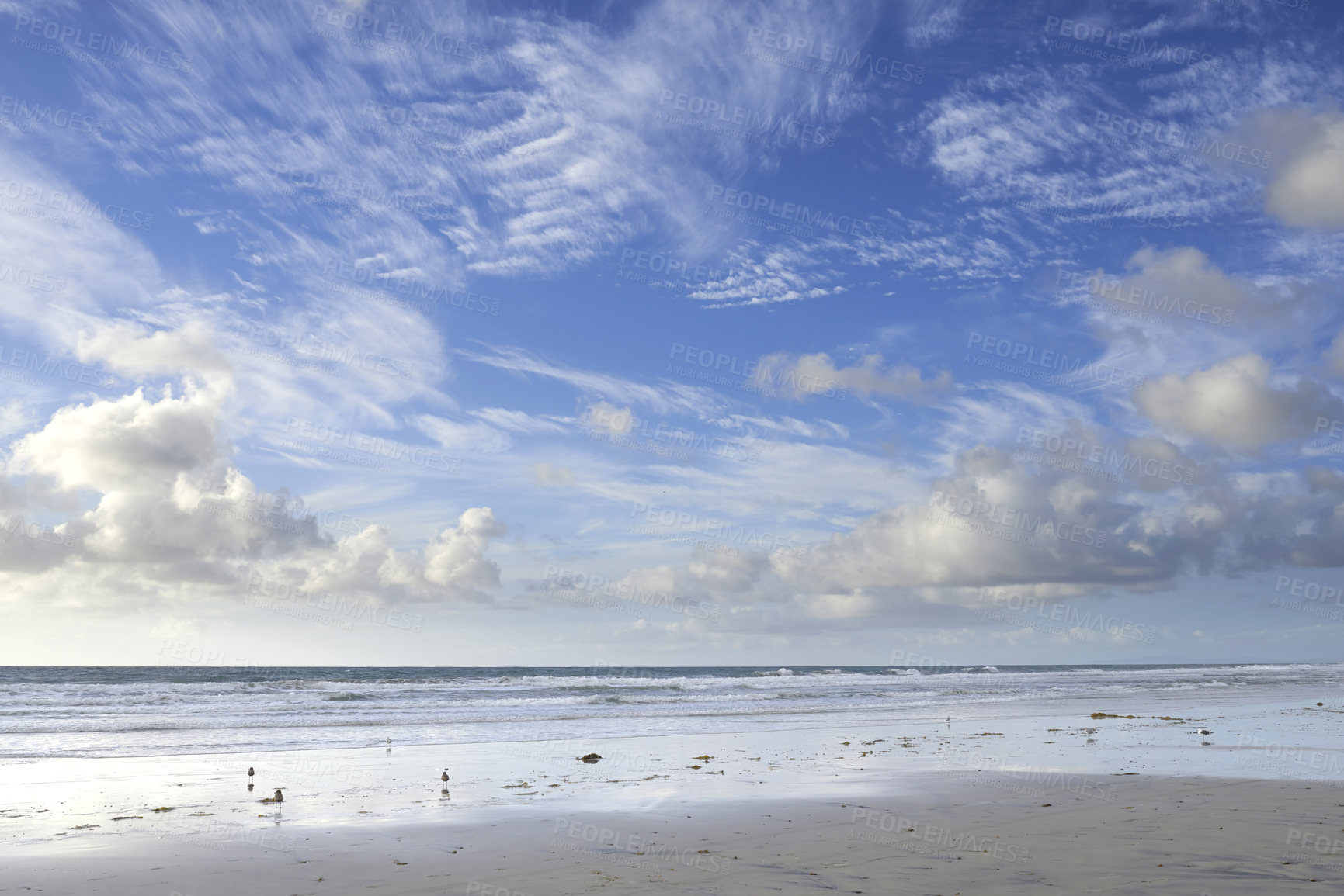 Buy stock photo Nature, blue sky and clouds by sea for background for natural beauty, atmosphere and weather. Wallpaper, sunshine and ocean water with scenic view for environment, heaven and cloudscape in morning