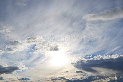 Buy stock photo Clouds, pattern and blue sky with sun for sunrise, travel and summer, vacation and explore adventure. Heaven, calm and morning with fresh air, hope and journey, peace and location wallpaper or nature