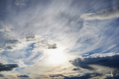 Buy stock photo Sky, clouds and sunlight in nature with background for wallpaper, banner and natural environment in summer. Ripple, skyline and morning scenery with sunset, cloudscape or heaven in Italy with climate