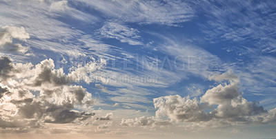 Buy stock photo Nature, blue sky and clouds with sunlight as wallpaper for natural beauty, atmosphere and weather. Background, sunshine and scenic view in air for environment, heaven and cloudscape in morning