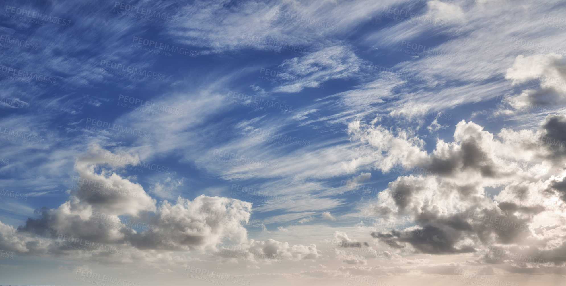 Buy stock photo Nature, blue sky and clouds in air as background for natural beauty, atmosphere and sunshine weather. Wallpaper, sunlight and scenic view for environment, heaven and cloudscape in morning in summer