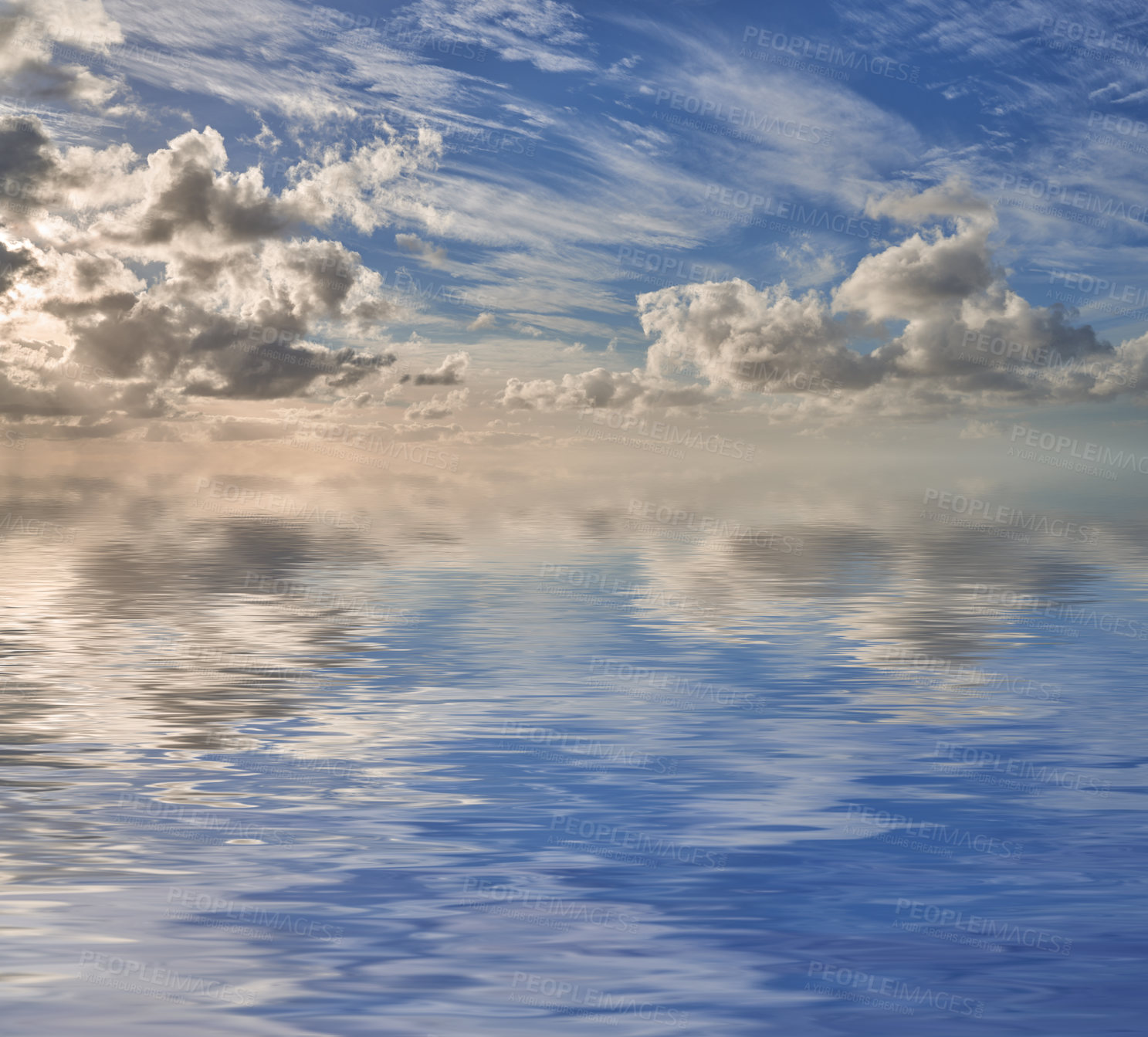 Buy stock photo Nature, water and clouds in blue sky with reflection, texture and warm tropical climate with calm sunrise on horizon. Ocean air, peace and summer weather with environment, morning and natural skyline