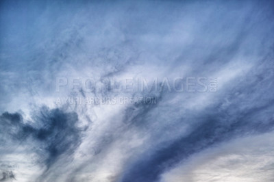 Buy stock photo Blue sky, nature and clouds in summer air and outdoor space for wallpaper or banner. Sunshine, cirrostratus and skyline in natural environment with light cloudscape and morning scenery of heaven