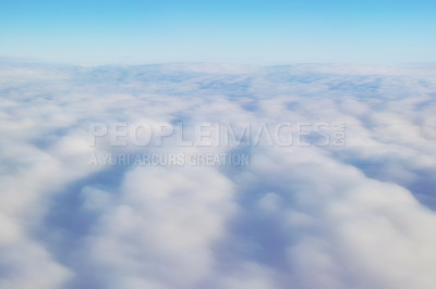 Buy stock photo Clouds, blue sky and beauty in summer air and outdoor space for wallpaper or banner. Sunshine, stratocumulus or skyline in natural environment and view or scenery of cloudscape from airplane window 