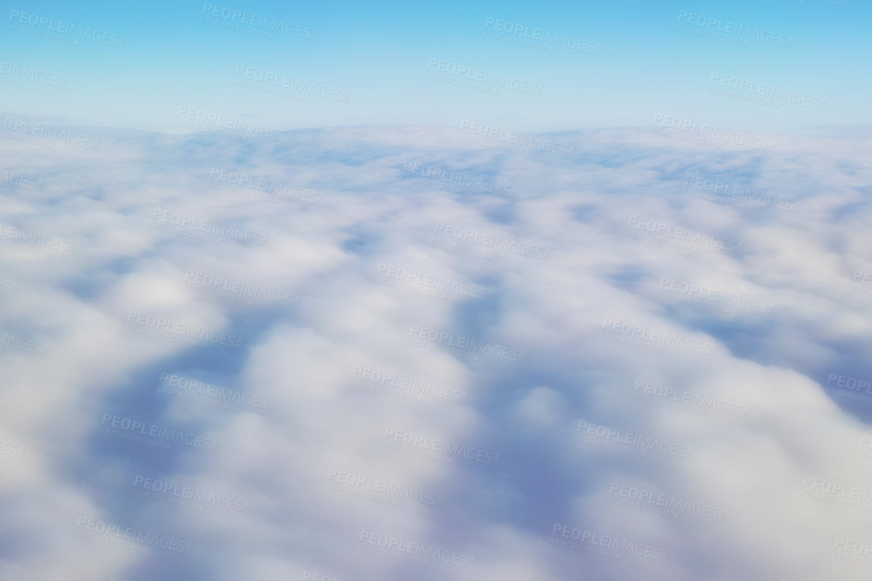 Buy stock photo Clouds, blue sky and beauty in summer air and outdoor space for wallpaper or banner. Sunshine, stratocumulus or skyline in natural environment and view or scenery of cloudscape from airplane window 