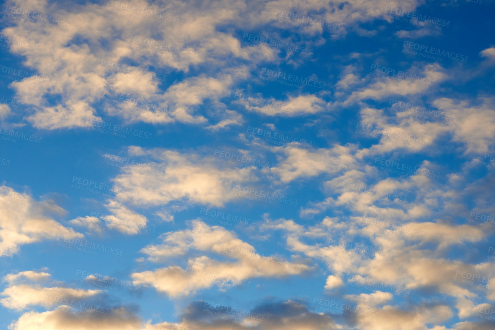 Buy stock photo Nature, blue sky and clouds for background for natural beauty, atmosphere and weather. Wallpaper, sunshine and pattern with scenic view in air for environment, heaven and cloudscape in morning