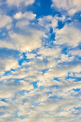 Buy stock photo Summer, blue sky and clouds with sunshine as background for natural beauty, atmosphere and weather. Wallpaper, sunlight and scenic view in air for nature environment, heaven and cloudscape in morning