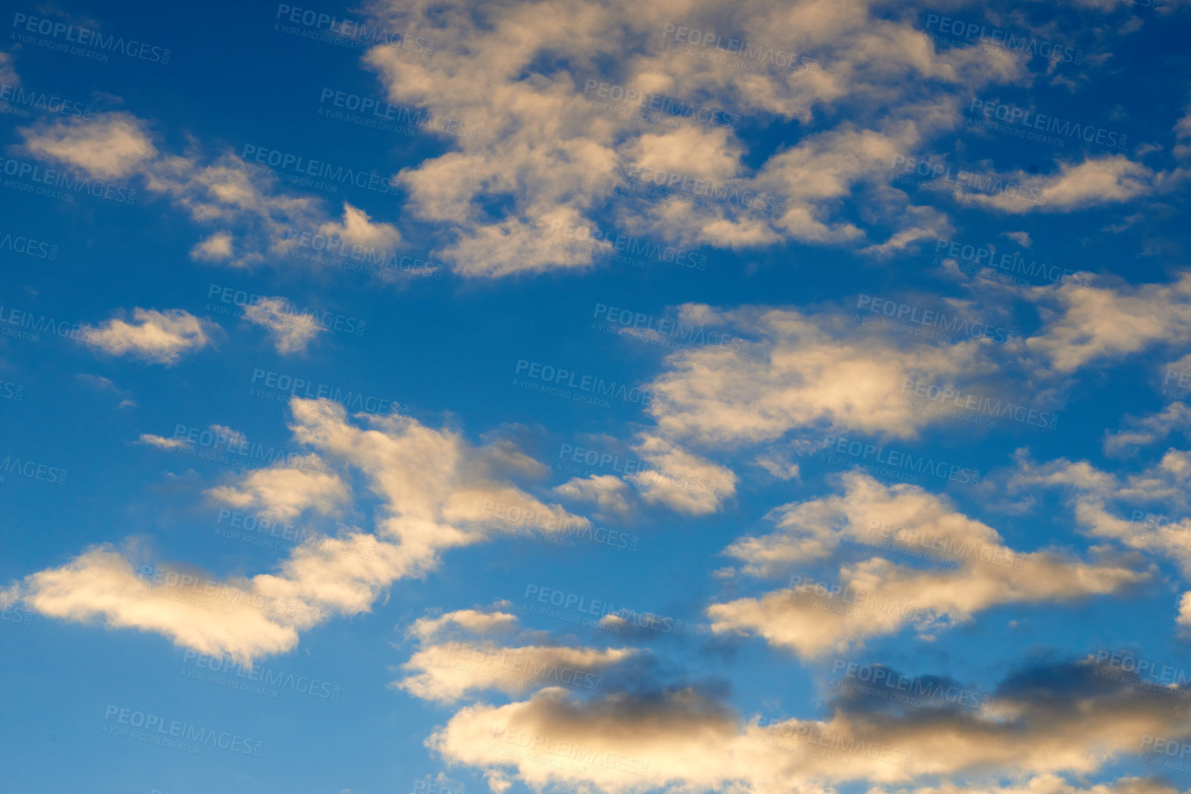 Buy stock photo Morning, blue sky and clouds with sunshine as background for natural beauty, atmosphere and weather. Wallpaper, sunshine and scenic view in air for environment, heaven and cloudscape in nature