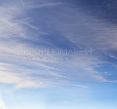 Buy stock photo Blue sky, clouds and sunrise in nature with background for wallpaper and natural environment in summer. Calm, skyline and morning scenery with landscape, cloudscape and heaven in Italy with climate