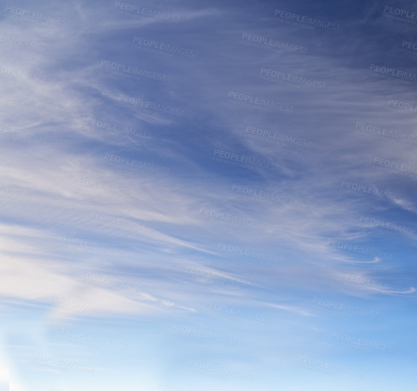 Buy stock photo Blue sky, clouds and sunrise in nature with background for wallpaper and natural environment in summer. Calm, skyline and morning scenery with landscape, cloudscape and heaven in Italy with climate