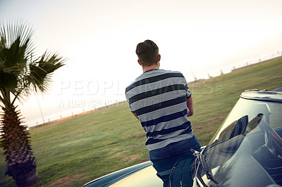 Buy stock photo Back, road trip and man in car in park for solo holiday, outdoor travel and vacation to relax. Driver, transport or male person in motor vehicle thinking of adventure ideas, journey and weekend break