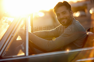 Buy stock photo Shot of a young man on a roadtrip