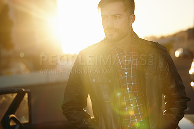 Buy stock photo Thinking, relax or man at sunset in city to travel for solo holiday, outdoor travel or vacation for reflection. Lens flare, confident or driver by car for adventure ideas, journey or weekend break