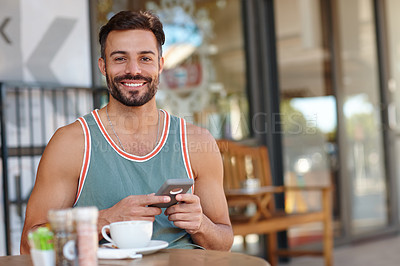 Buy stock photo Man, cafe and typing with phone for social media, communication or reading news at outdoor restaurant. Male person, smile and smartphone for online chatting, texting and coffee shop break portrait