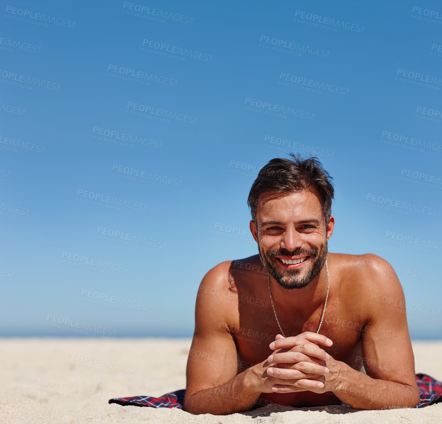 Buy stock photo Portrait, beach and man with smile, vacation and relax with mockup space, tropical island and sand. Face, seaside and person with happiness, summer holiday and travel with tourism, joy and Zanzibar