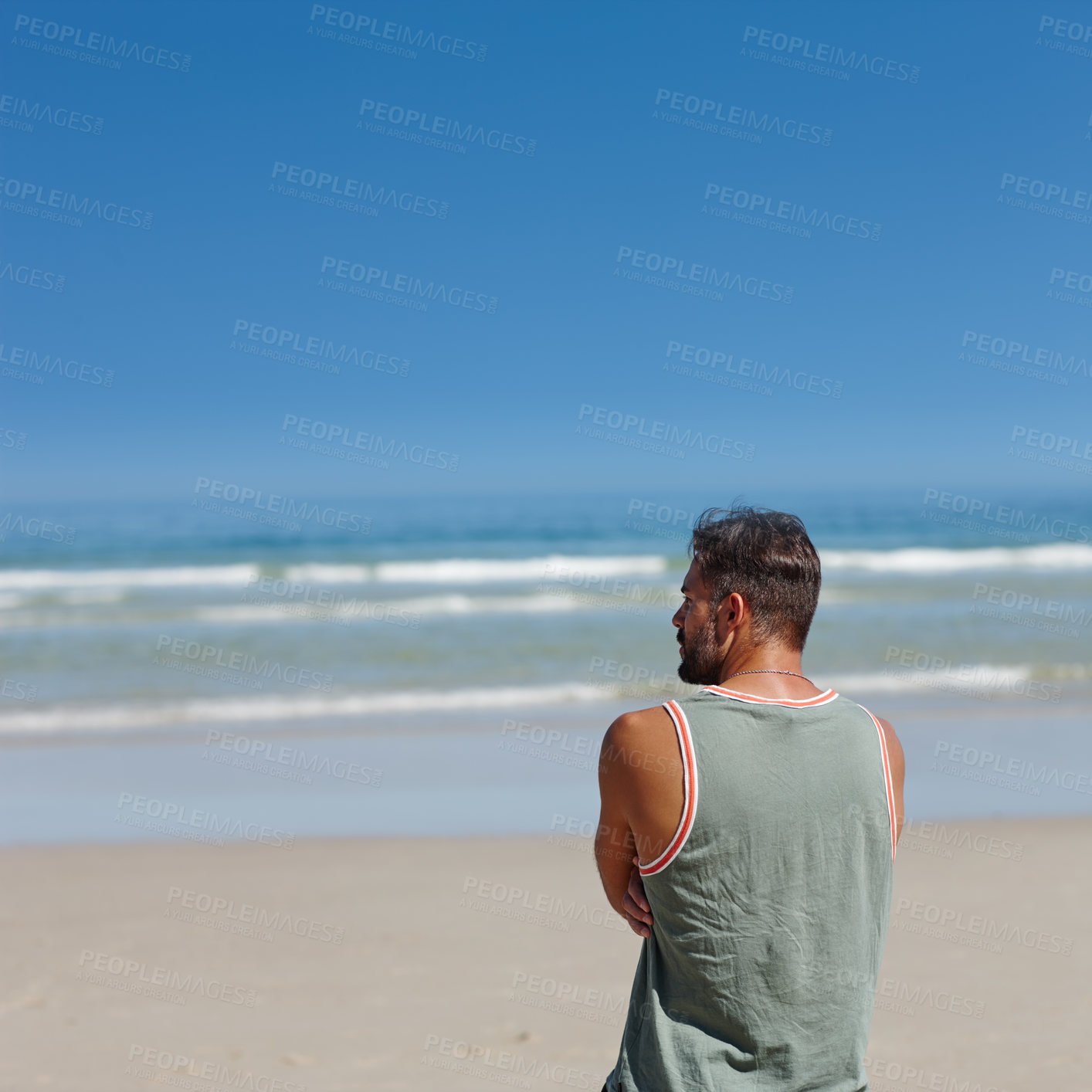 Buy stock photo Thinking, back and relax with man at beach for reflection, peace and travel vacation. Calm, memory and tropical adventure with person and vision outdoors for holiday, idea and wonder on mockup space