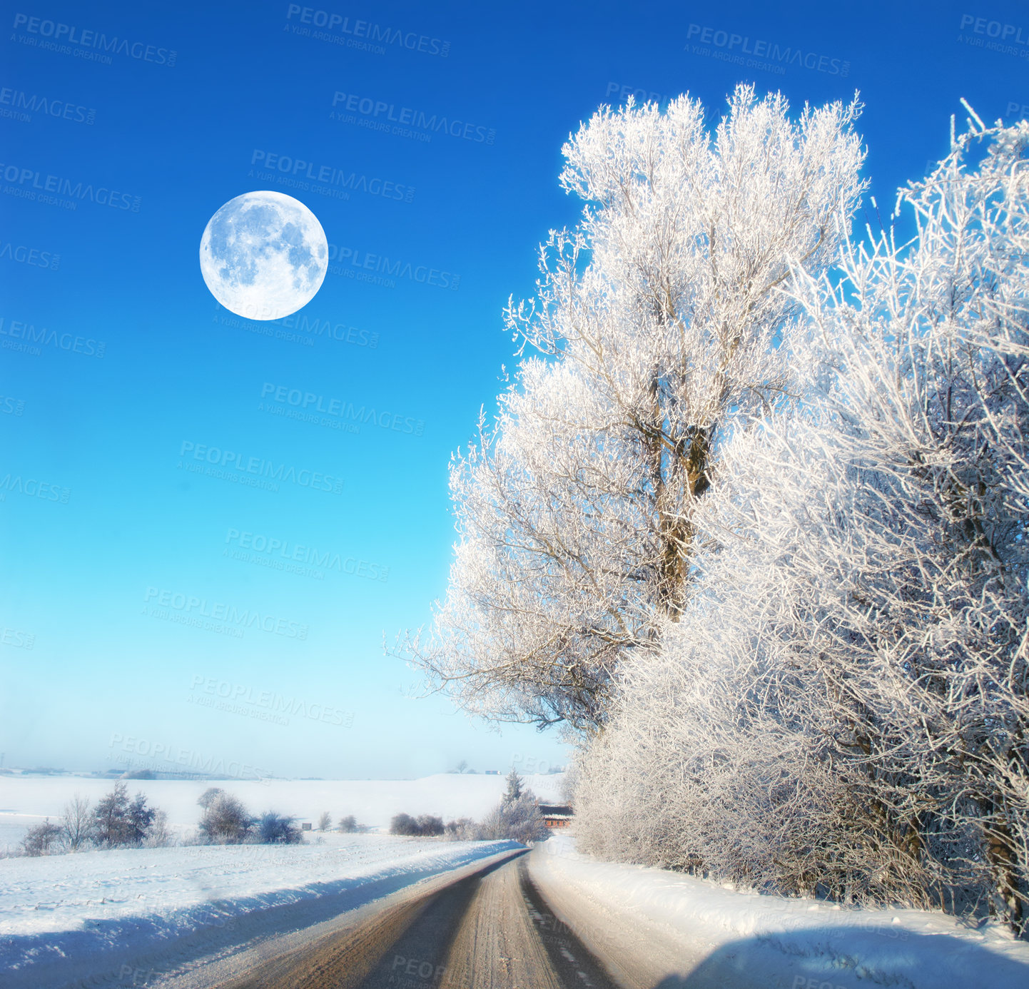 Buy stock photo The moon in winter landscape. Road with ice on a winter landscape during noon. The Moon shines through clear clouds