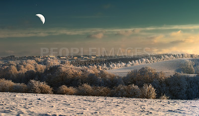 Buy stock photo The moon in winter landscape. A half moon over snow covered bushes and shrubs in a field with tiny houses in the background. The Moon shining through clear clouds in dim sky