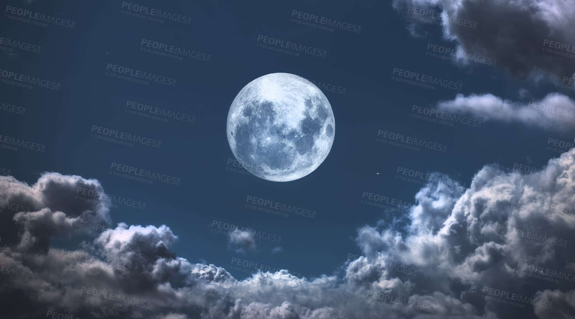 Buy stock photo A photo of the moon surrounded by friendly clouds