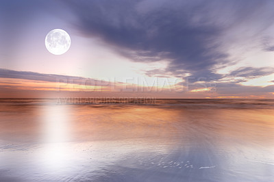 Buy stock photo Horizon, clouds and full moon by ocean with sunset for peace, nature environment and travel vacation. Twilight, altostratus and sea scenery with moonlight for landscape, background and calm in Brazil