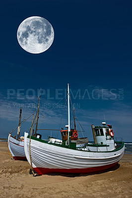 Buy stock photo Full moon, sky and fishing boat on beach for nature environment, peace and travel vacation. Night, clouds and lunar satellite with marine transport for catching fish, background and calm in Budapest