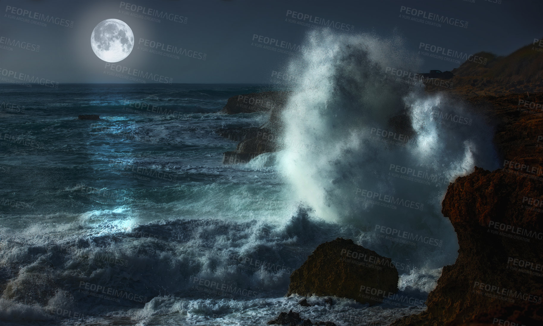 Buy stock photo Night, moon and waves in ocean for landscape, natural beauty or peace with environment. Dark, sea and rocky coastline with planet glow or energy in summer, water storm on vacation in Mauritius